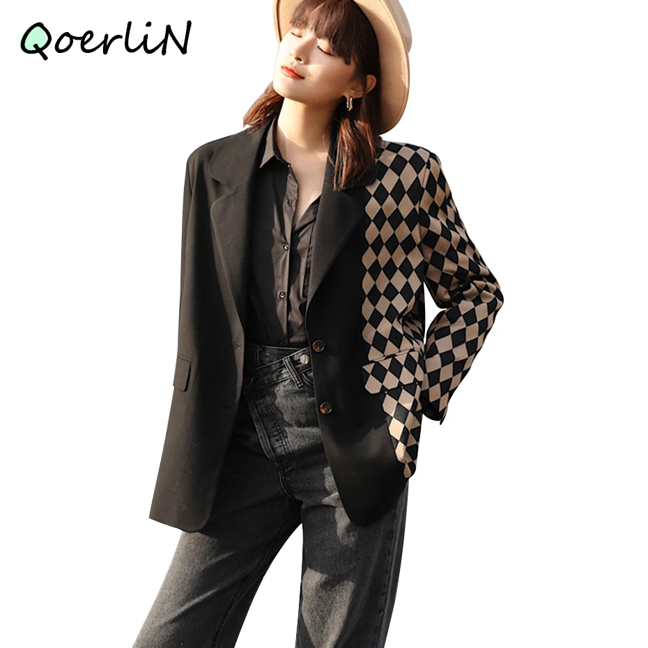 Original Black Blazer Womens Elegant Stitching Suit Jacket Female 2020 New Plaid Suit Jacket Autumn Winter OL Office Blazer Coat
