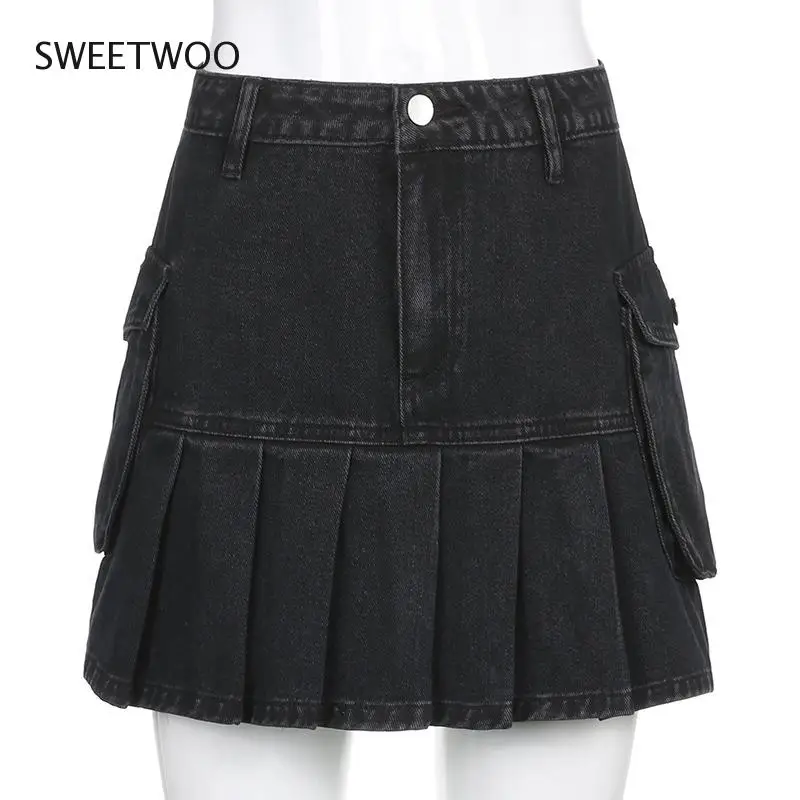 Fashion Women's Clothing 2021 Short Skirt Female High Waist Slimming Black Denim Pocket A-Line Pleated Skirt Short Skirt