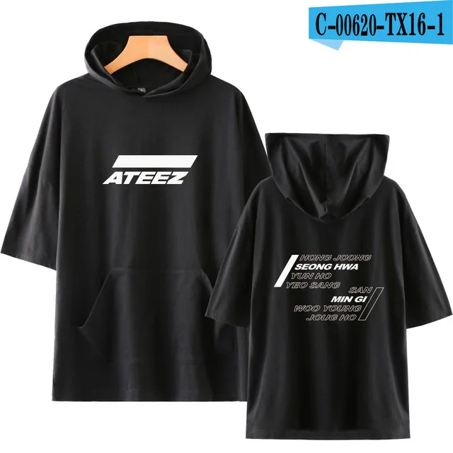black KPOP ATEEZ футболки с капюшоном для мужчин и женщин, новая стильная уличная одежда, летние футболки с коротким рукавом, толстовки, футболка, Harajuku футболка - Цвет: black