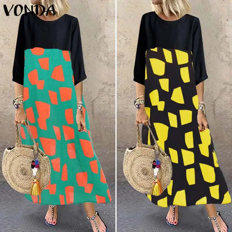 VONDA, летнее лоскутное платье макси, плюс размер, сарафан с круглым вырезом, 3/4 рукав, длинные платья, повседневное, праздничное, сарафан, богемное, Vestidos 5XL