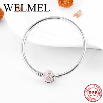 

New 925 Sterling Silver Charm LOVE Pink Rose Bracelets Bangles diy for fashion jewelry Womens accessories trendy Jewelry Gift