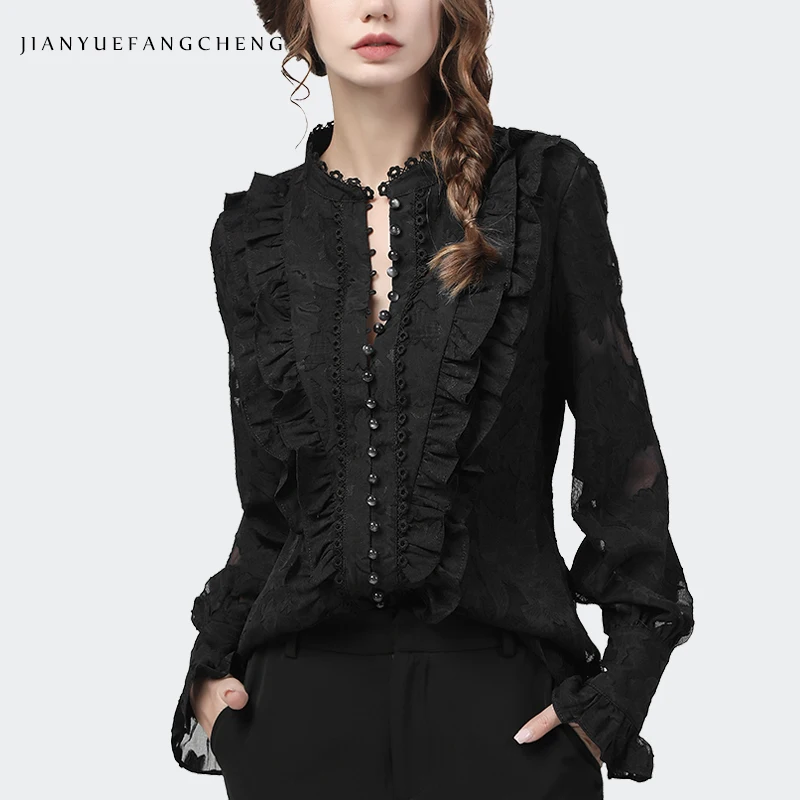 Flared Sleeve Lace Tops Women Autumn New Fashion Long Sleeved Ruffles Mesh Shirts Loose Plus Size Female Causal Office Blouses 4