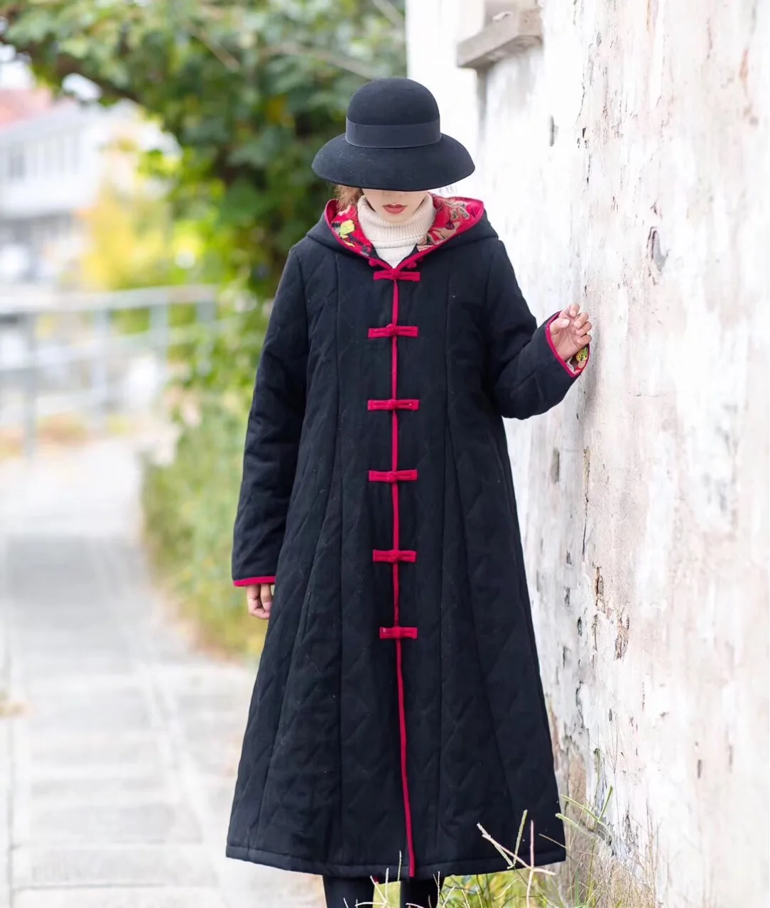 

New Style Winter Literature And Art Frog Ethnic-Style Hooded Thick Warm Mid-length Cotton Overcoat Women's Robe