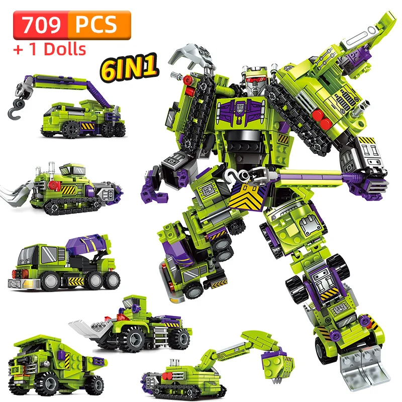 6 в 1 трансформации Робот строительные блоки инженерных экскаватор автомобиль
