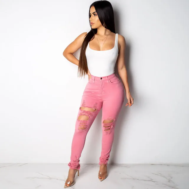 Новинка, обтягивающие джинсы, женские джинсовые брюки с дырками, рваные, полная длина, узкие брюки, повседневные брюки, одноцветные, стрейчевые, рваные джинсы, Прямая поставка