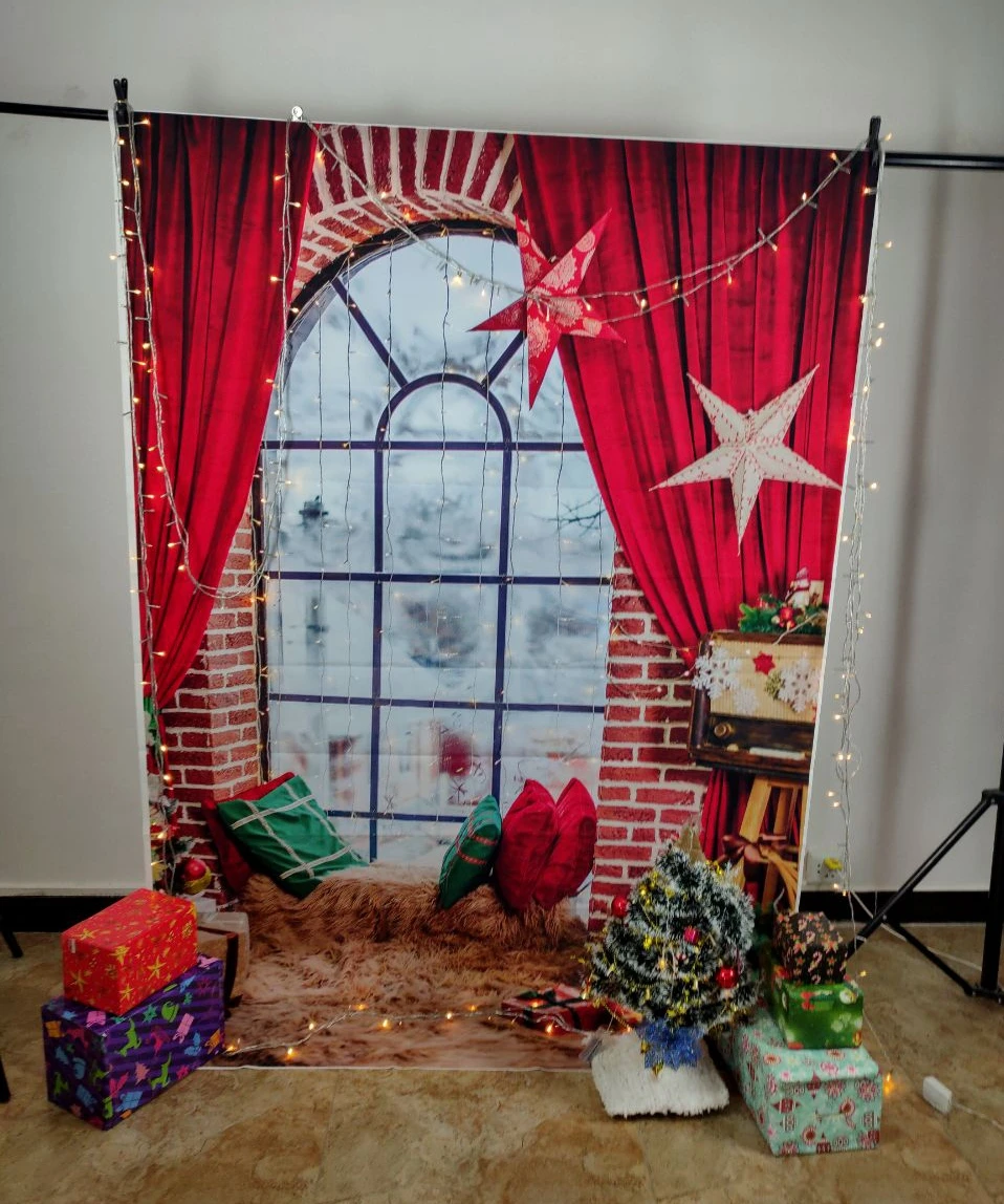 Laeacco фон для рождественских фотографий с изображением Красной Шторы окна