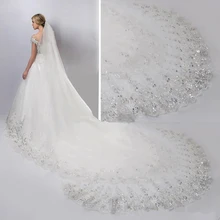 Свадебная фата, длинная полный край кружева, состоящие из двух Слои с расческой Свадебные Элегантные собора из белого тюля вуаль свадебные аксессуары