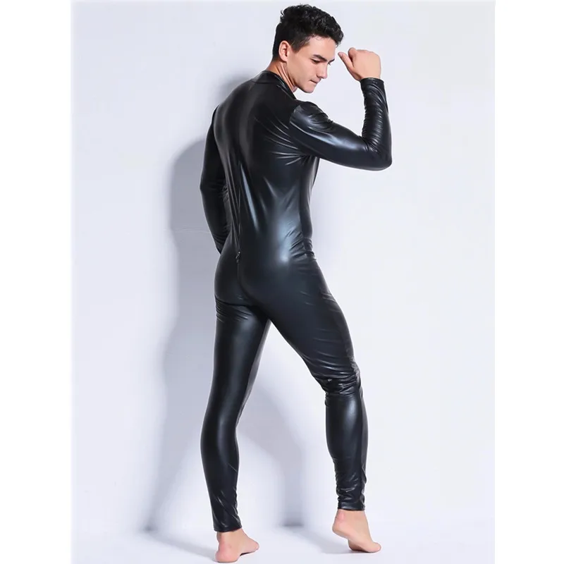 ANNJOLI Plus Size Hot Men Sex Wetlook Faux Leather Latex Catsuit Bodysuit Erotic Slim Tight gay fetish Wear Open Crotch Clubwear