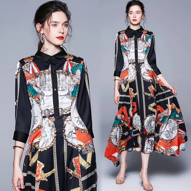 

Photo Shoot 2019 Summer New Style Europe And America Women's Fold-down Collar Dress Retro Printed Irregular Swinging Skirt