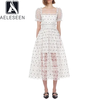 

AELESEEN Fashion Summer Dress Women 2020 Runway Fashion Square Collar Dots Print Hollow Out Lace Dress Party Holiday White Dress