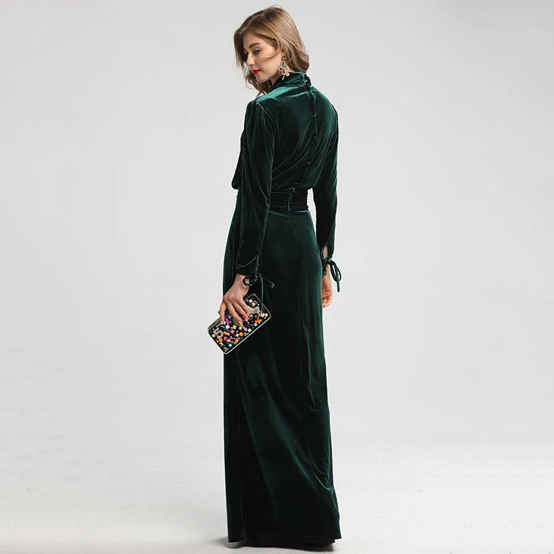 AELESEEN New High Quality Velvet A-Line Long Dresses Women Elegant Bow Collar European High Class Luxury Party Maxi Dress