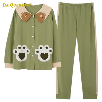 

Nursing Clothes Pregnancy Long Sleeve Long Pants Sleepwear Casual Woman Pajamas Set Ladies Cute Turn Down Collar Preppy Style