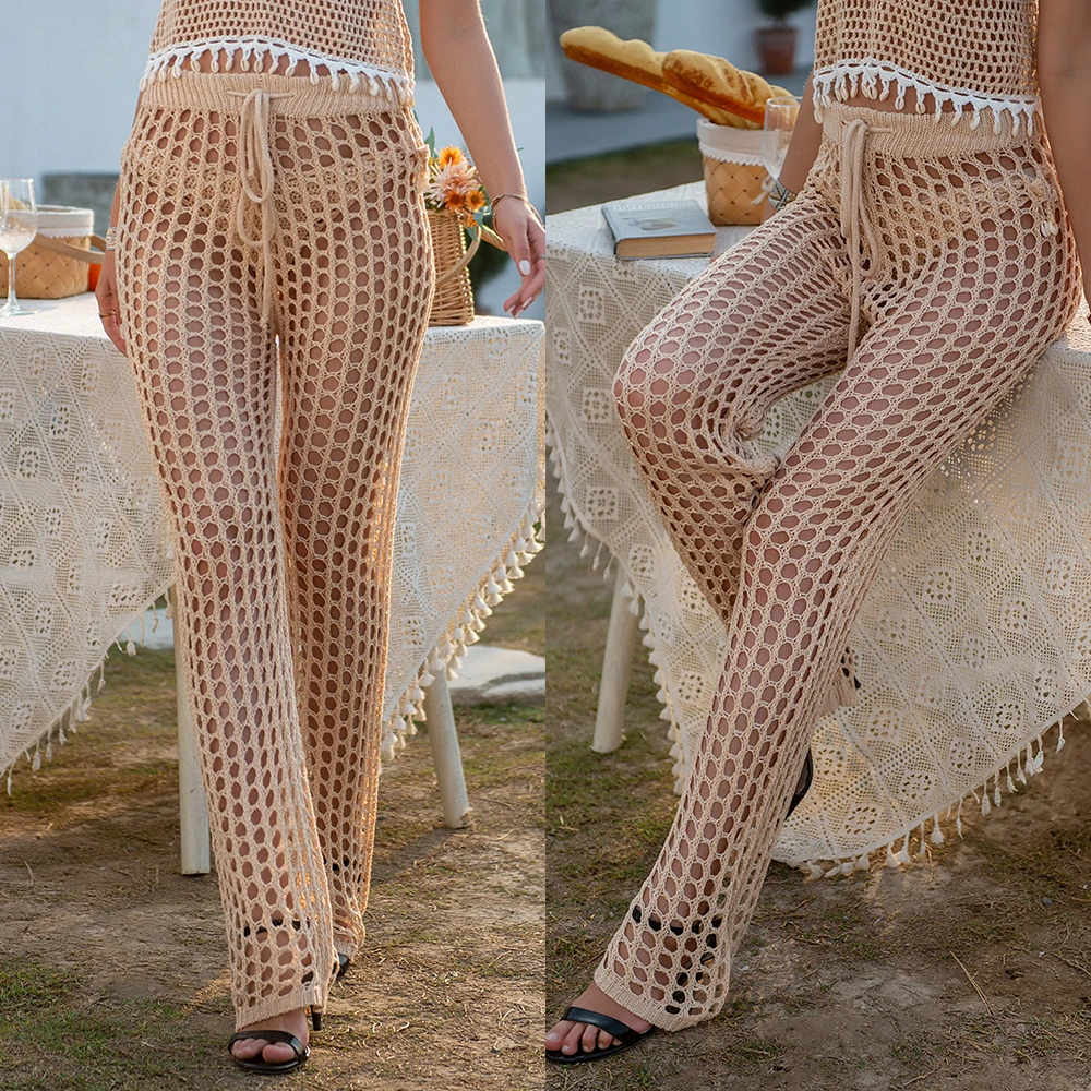 bathing suit dress cover ups Women Crochet Beach Wide Leg Pants See Through Swimwear Bikini Cover Up Lady Sexy Hollow Out Long Trousers cover up beachwear