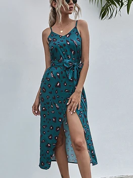 

Leopard Print Side Split Beach Dress Belt Lace Up Women Tunic Swimsuit Cover Up Plus Size Beach Wear Pareos De Playa Mujer