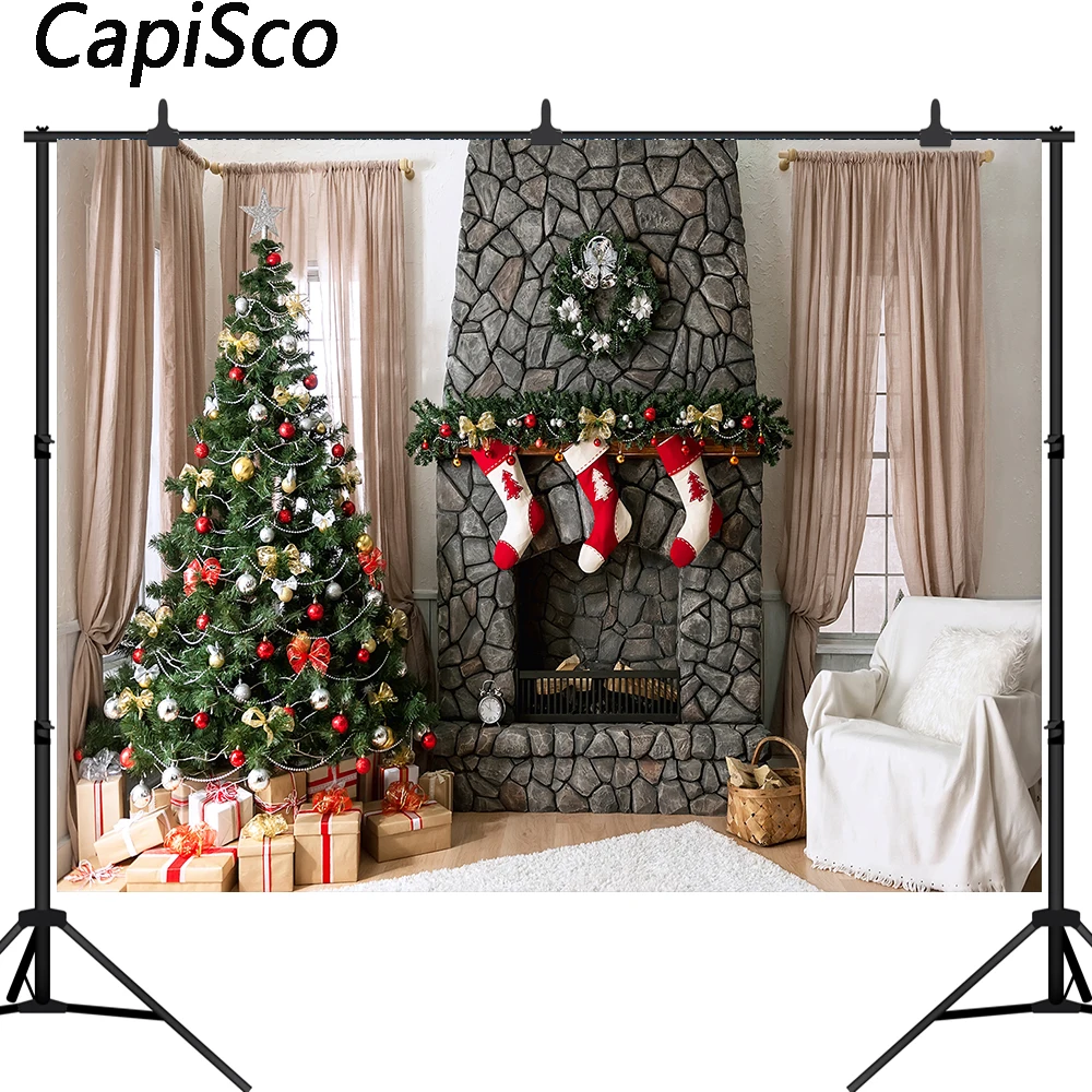 

Capisco Christmas Photography Backdrops Living Room Xmas Tree Fireplace carpet curtains Decorations Background Photo Studio Prop