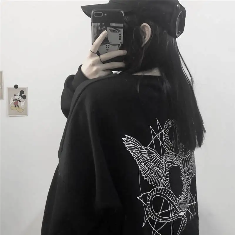 Крутая толстовка с капюшоном в стиле панк, уличная одежда, ulzzang, черные свитера, пуловеры, худи с капюшоном, на зиму и весну, Harajuku, Япония, топы для девочек