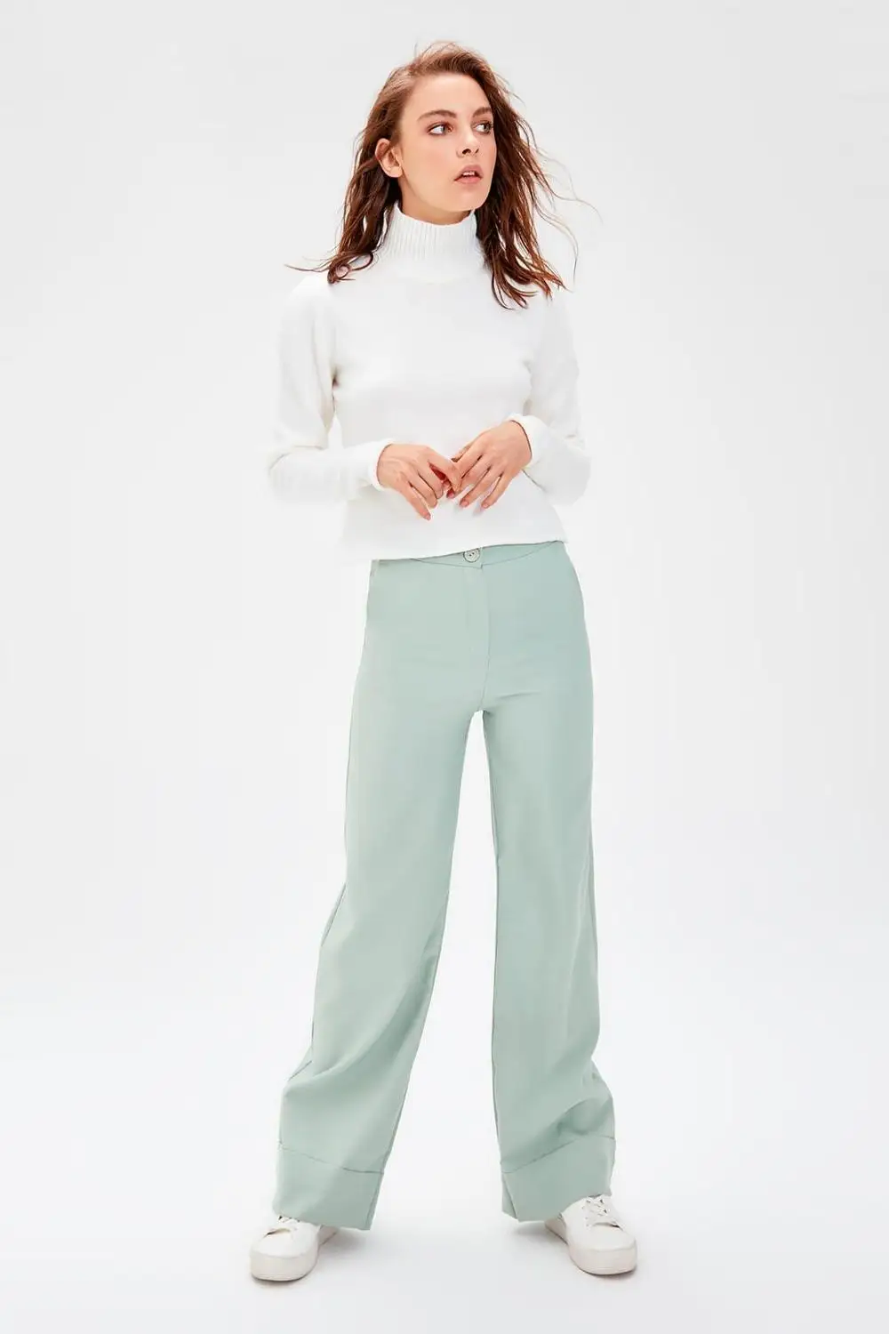 Trendyol мятный пиджак с высокой талией и брюки костюм брюки TWOSS19AP0106 - Цвет: Зеленый