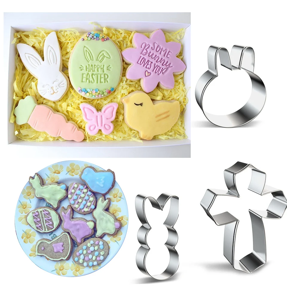 1pc Easter Stainless Steel Cookie Mold Cartoon Rabbit Flower Egg Biscuit Cutter Baking Tools for Kids Birthday Party Decoration cookie cutter baking mold cookie mould cookie printing mold