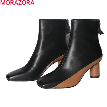 

MORAZORA 2020 Genuine leather boots thick high heels square toe ladies shoes autumn winter mixed colors ankle boots for woman