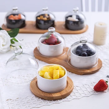 

Ceramic Dessert Fruits Salad Ice Cream Bowl Snack Plate Pudding Cup With Bamboo Wood Tray Glass Cover Home Creative Tableware