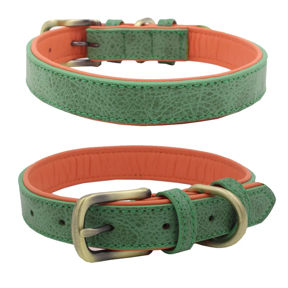 Green One D Ring Мягкие ошейники для собак регулируемый кожаный ошейник для больших собак прочный двухслойный ошейник для собак кошек товары для домашних животных XS-L - Цвет: Green One D Ring