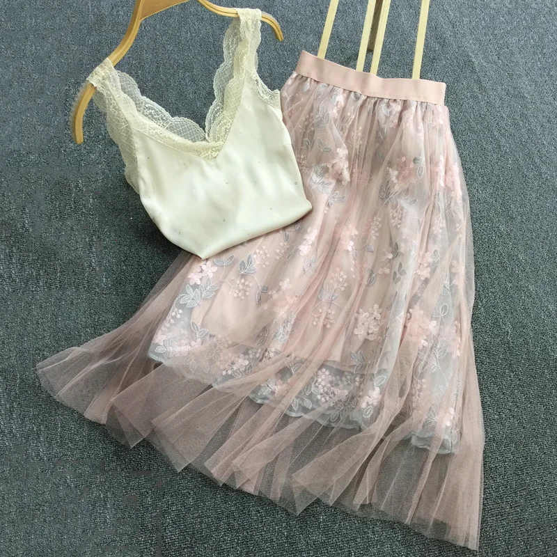 New Elegant Flower Embroidery Multilayer Mesh Pleated Skirt Half length Skirt A Style - Цвет: see chart