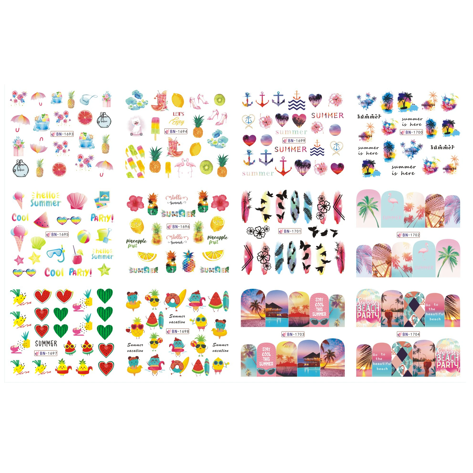 UPRETTEGO 12 PACKS / LOT NAIL ART BEAUTY WATER DECAL SLIDER STICKER FRUIT SUMMER BEACH PALM TREE SEA WAVE BN1693-1704 | Красота и