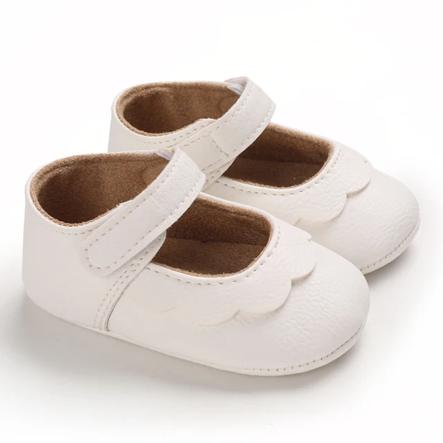 Infant Newborn Baby Girls Princess Non-Slip Floral Border Shoes Toddler Baby Soft PU Leather Prewalker Shoes Solid First Walkers D05 White