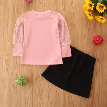 

Humor Bear Girls Clothes Sets Fashion Toddler Dot Print Clothes Puff SleeveTops T Shirt Lether PU Skirt 2Pcs Tracksuit Outfit