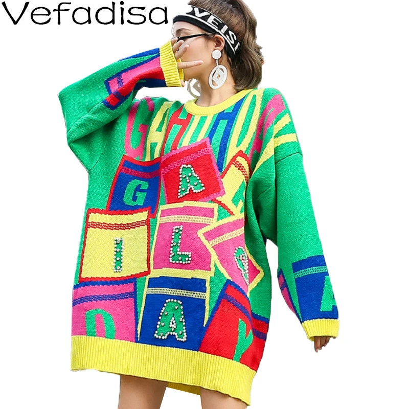 

Vefadisa Women Large Size Sweater 2020 Autumn Letter Beaded Sweater Knitting Hedging Mid-length Round Neck Sweater LHX238
