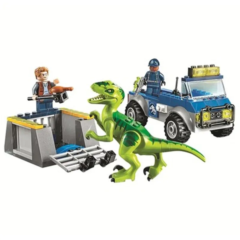 

10757 102pcs Jurassic World 2 Dinosaurs Building Blocks Toys For Children Velociraptor Raptor Rescue Truck Jurassic Legoings