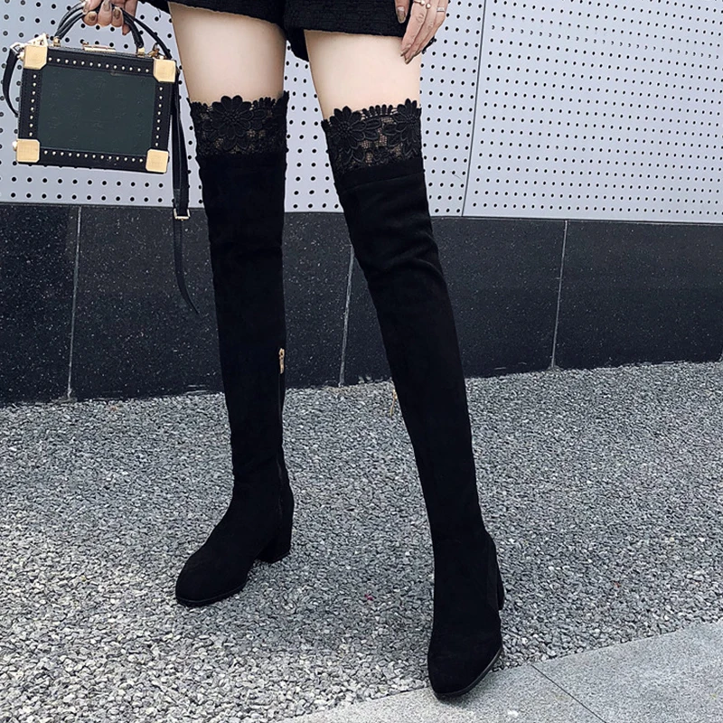

Rimocy Sexy Lace Black Over The Knee Boots Women 2019 Winter High Heels Side Zipper Long Boots Woman Fashion Simple Ladies Shoes