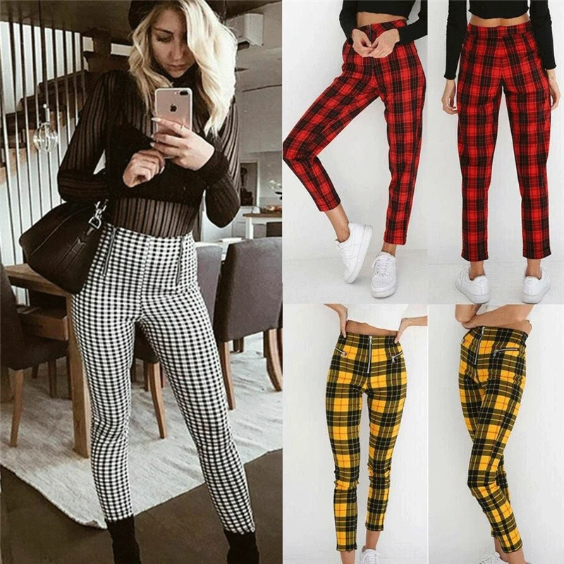 plaid skinny fit pants women's
