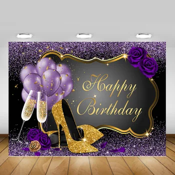 

Woman Happy Birthday Party Backdrop Decor Glitter Purple Sliver Birthday Cake Table Background Rose Lady High Heels Photocall