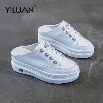 

Yiluan New Slippers Small White Female Leather Wear Fashion Casual Thick Patform Icreased Pedal Lazy Shoes Color mixing Single