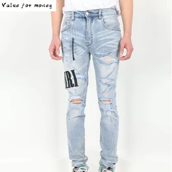 

stretchy embroidery men skinny distressed jeans