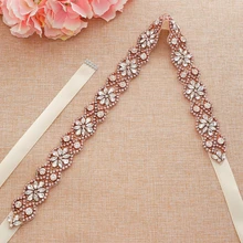 Mecresh Handmade Flower Wedding Dress Belt Sash Bridal Rose Gold Color Rhinestone Crystal Ivory Pink Black Belt for Women MYD037