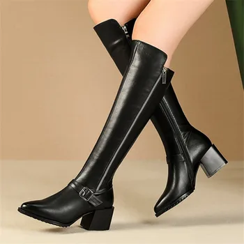 

PXELENA Luxury Women Riding knight Knee High Boots Cow Leather Buckle Zipper High Heels Punk Military Combat Shoes Plus Size 42