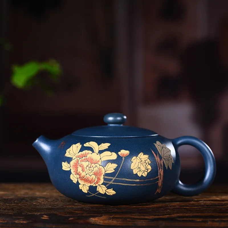 

Teapot Quality Goods Full Manual Raw Ore Blackish Green Clay Painting Peony Flat Xi Shi Kungfu Online Teapot Tea Set Suit