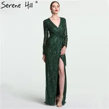 Роскошное темно-зеленое вечернее платье с длинным рукавом сексуальное с глубоким v-образным вырезом боковое расшитое бисером и блестками серое Дубай Арабский BLA6004