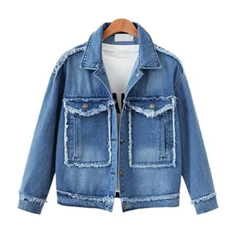 

Plus Size Double Pockets Jeans Jacket 5Xl Sweet Women Light Blue Bomber Short Denim Jackets Long Sleeve Casual Coat