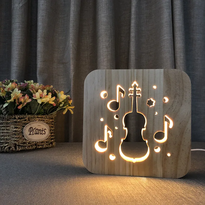 3d Wooden Cello Night Lights Atmosphere Light Creative Hollow Carving Wood Table Lamp for Music Fans Gift | Лампы и освещение