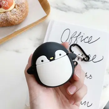 

OOTDTY Penguin Pattern Silicone Protective Cover Shockproof Case Skin with Carabiner for Airpods 1/2 Charging Box Accessories