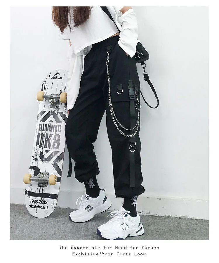 jean capris Gothic Women Cargo Pants Black Joggers High Waisted Harajuku Harem Pants Punk Goth Techwear Chain Trousers Female Hip Hop hot pants