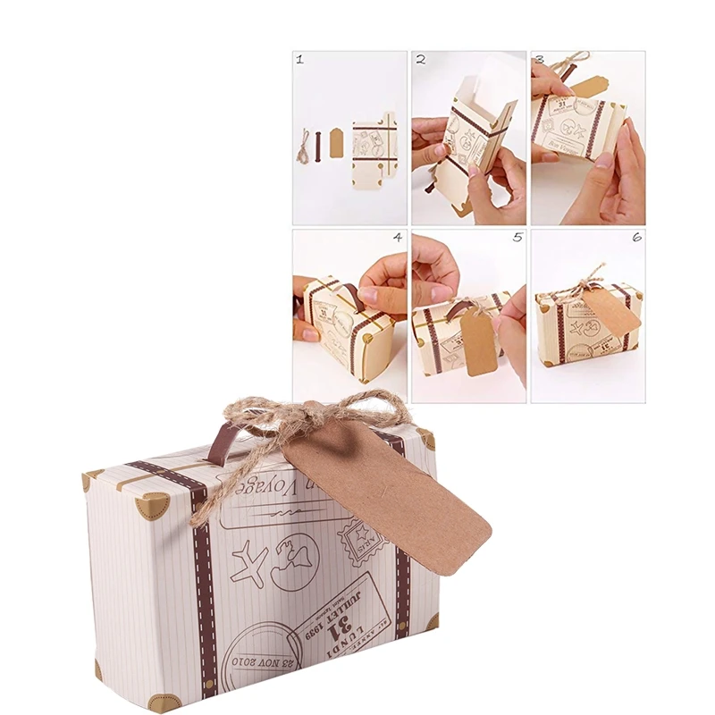 

50pcs Mini Suitcase Favor Box Party Favor Candy Box, Vintage Kraft Paper with Tags and rope for Wedding/Travel Themed Party/Brid