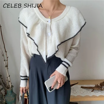

SHIJIA New Autumn Ruffle knit sweater Woman jumper O-neck long-sleevel casual elegant knitted cardigan female winter chic