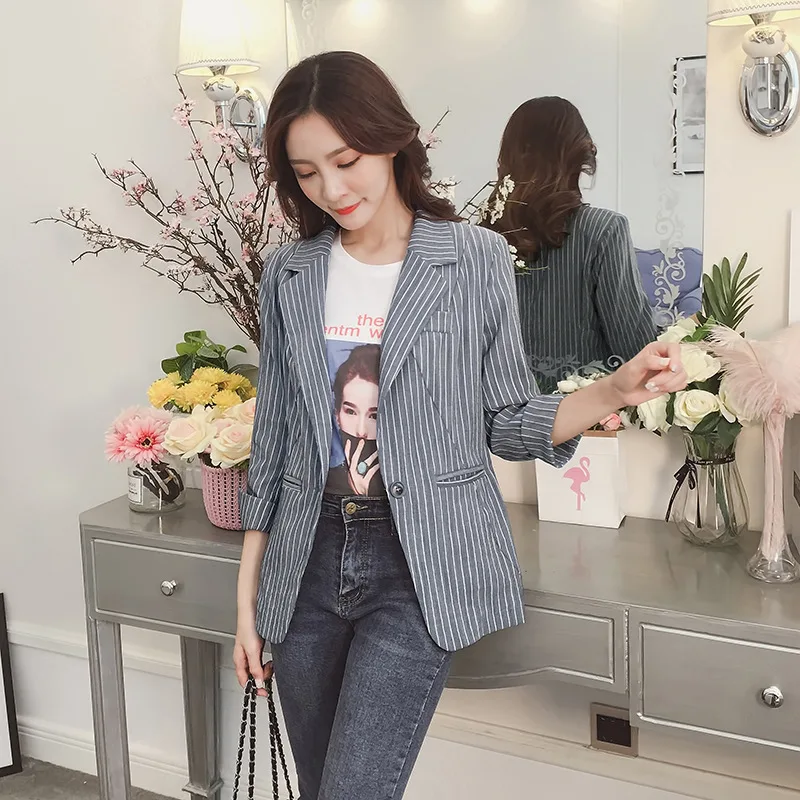 

Small Suit Women's 2019 Autumn New Style Korean-style One-Button Single Suit Short Casual Vertical Striped outside