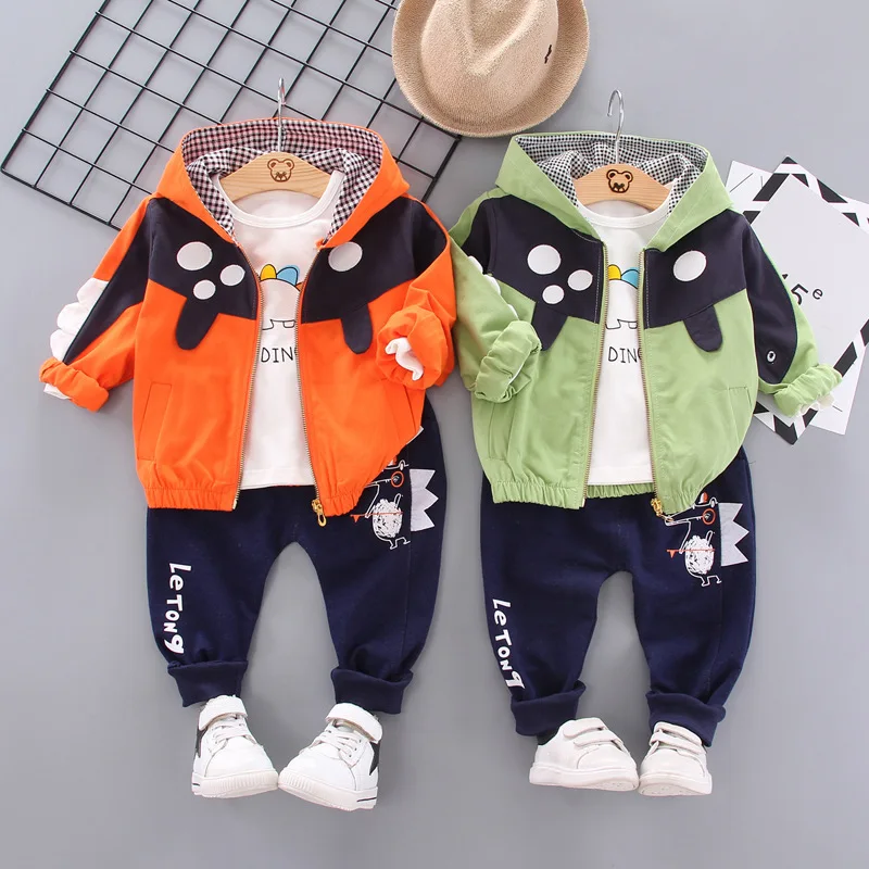 

Fashion Hooded Zipper Contrast Color Coat Spring New Style Cute Dinosaur Printed Cartoon Underwear Trousers Three-piece Set