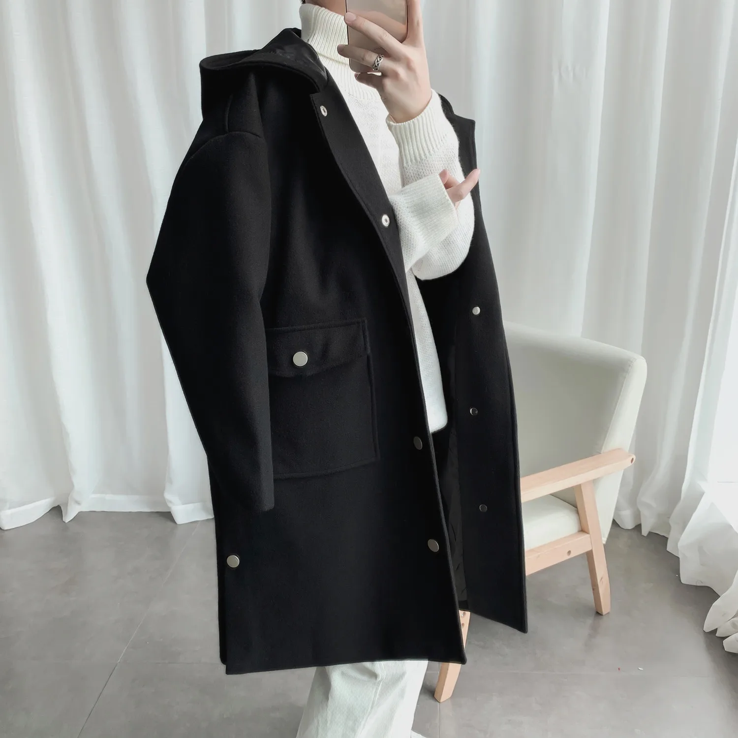 

Male Woolen Overcoat Even Hat Long Loose Coat jaket men new brand mixes raincoat coats Homme casual clothes with hood