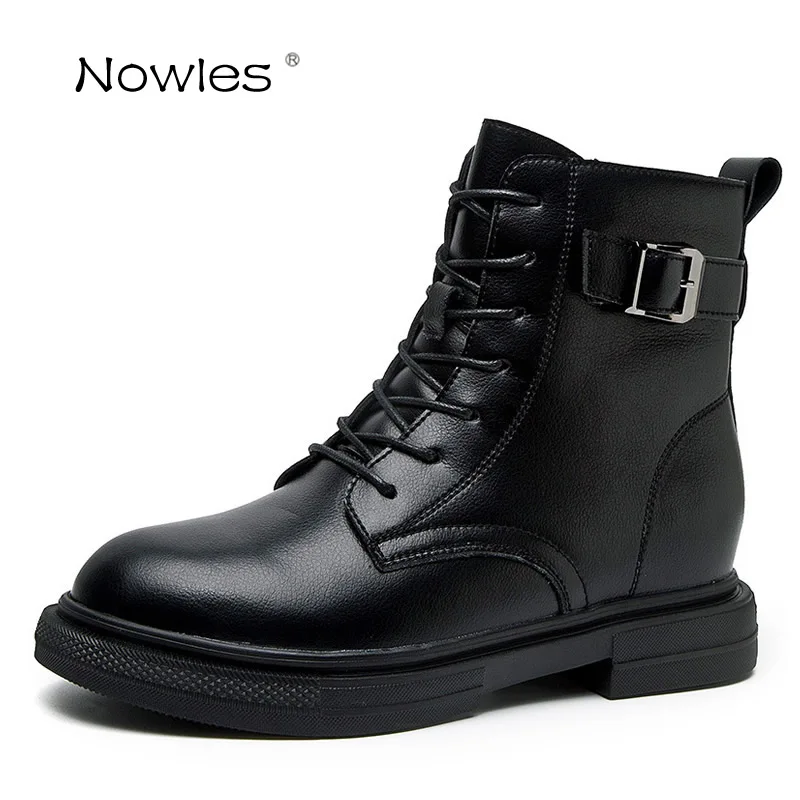 

Black Boots buckles Motorcycle boots Women Shoes Fashion Boots Lace-up Size 34-40 Cow Leather Ladies Shoes Women's Boots